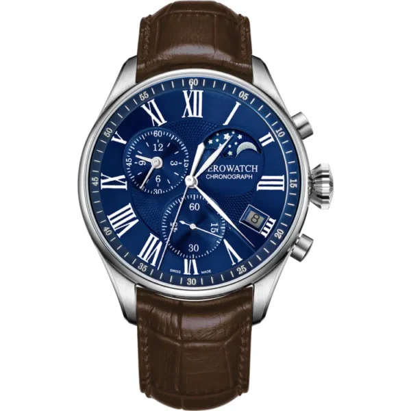 Montre Aerowatch Chrono Moon Phase, cadran bleu.
