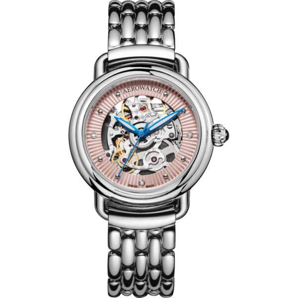 Montre Aerowatch Lady Automatic, Squelette cadran rose bracelet en acier