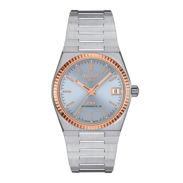 Montre Tissot PRX Gold 35mm, cadran bleu et bracelet métal