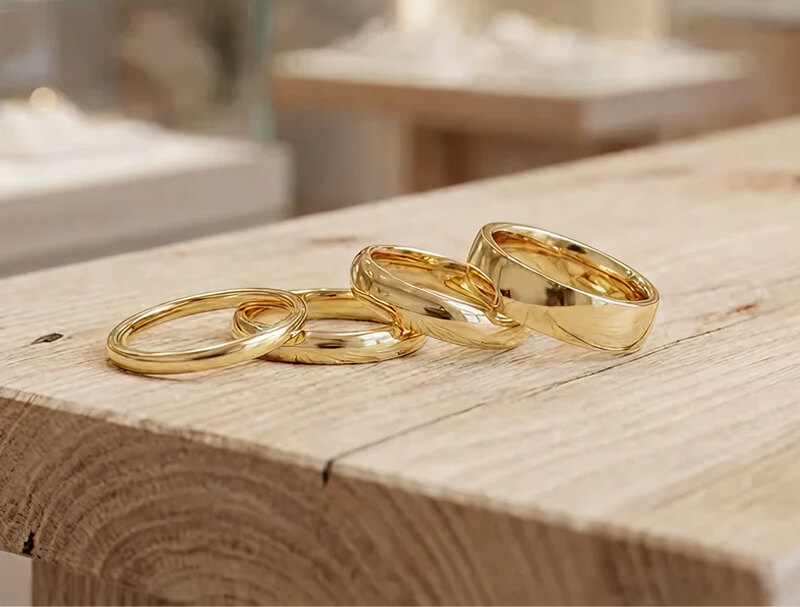 Alliances en or posées sur un bois clair